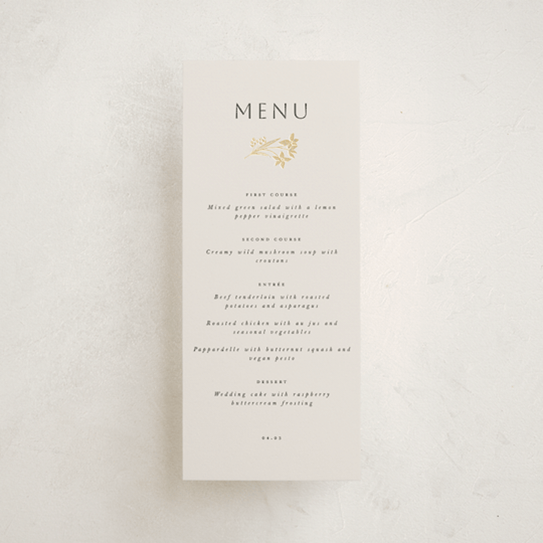 "Floral Border" - Foil-Pressed Menus in Champagne by Leah Bisch - Front