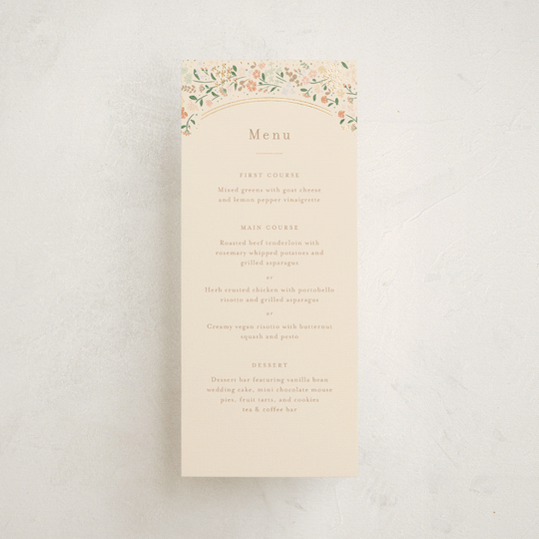 "Esther's garden" - Foil-Pressed Menus in Ivory by Jennifer Wick - Front