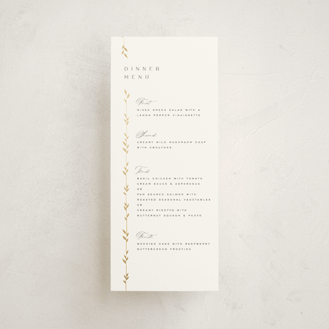 "Courtyard" - Foil-Pressed Menus in Lily by Owl and Toad - Front