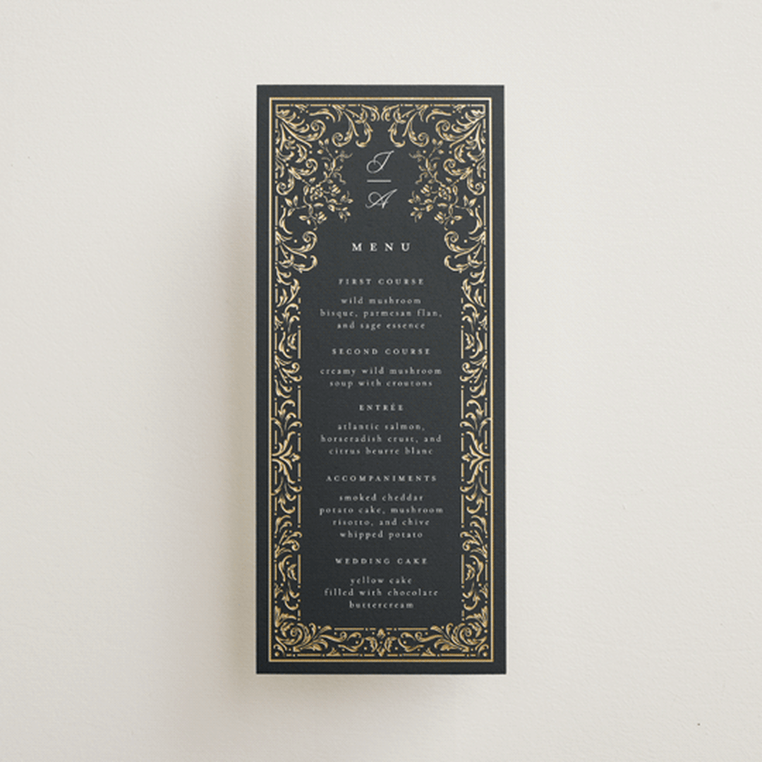 "Regency Grace" - Foil-Pressed Menus in Onyx by Ana de Sousa - Front