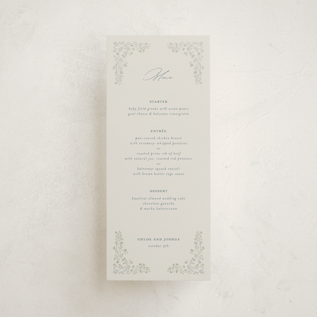"Floral Romance" - Foil-Pressed Menus in Something Blue by Gwen Bedat - Front