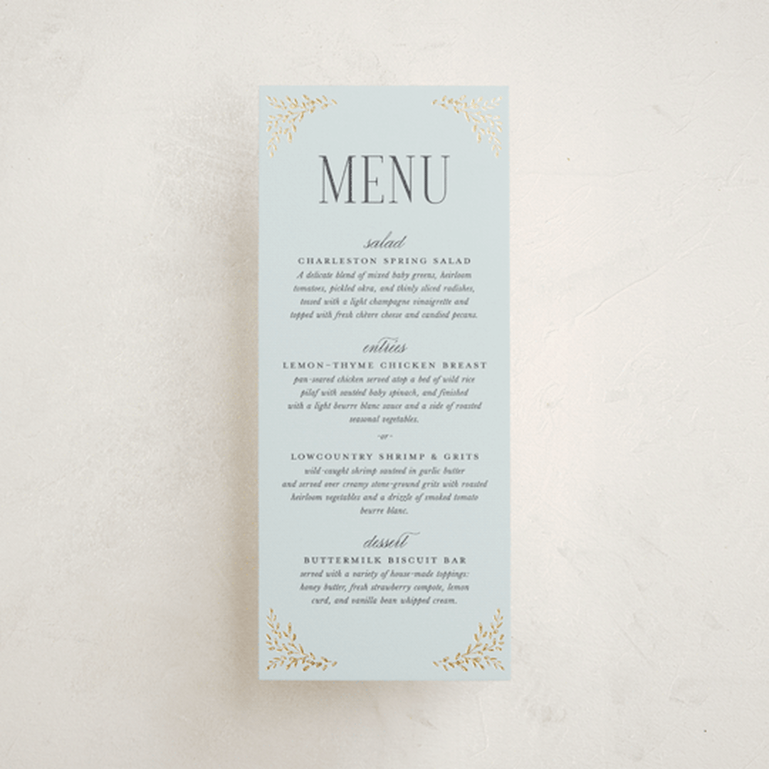 "Enchanted" - Foil-Pressed Menus in Mist by Laura Hankins - Front