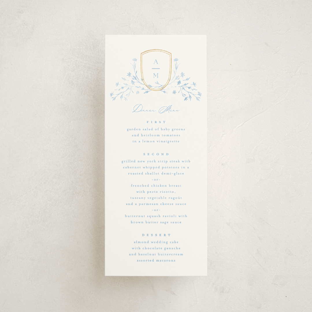 "storybook garden" - Foil-Pressed Menus in Bluebell by Kristie Kern - Front