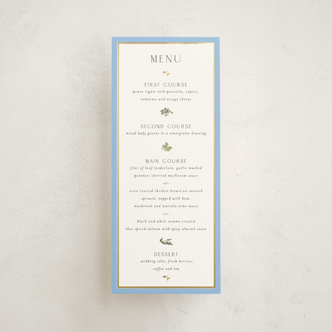 "Garden Whisper" - Foil-Pressed Menus in Coastal by Susan Moyal - Front