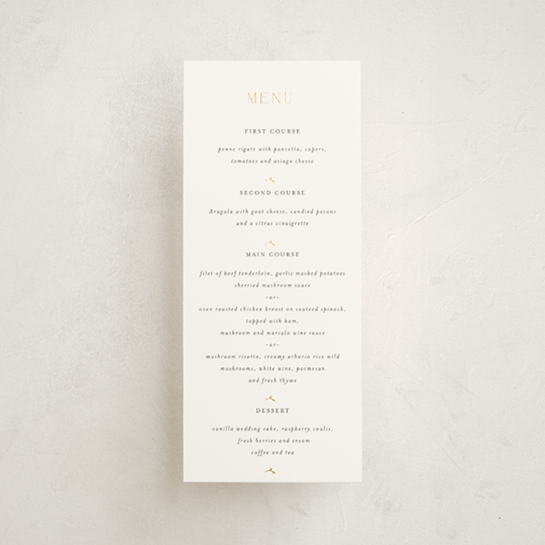 "Delicate Vine" - Foil-Pressed Menus in Alabaster by Susan Moyal - Front