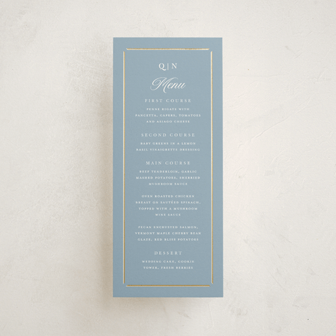 "Elegant bevel" - Foil-Pressed Menus in Dusty Blue by Stacey Meacham - Front