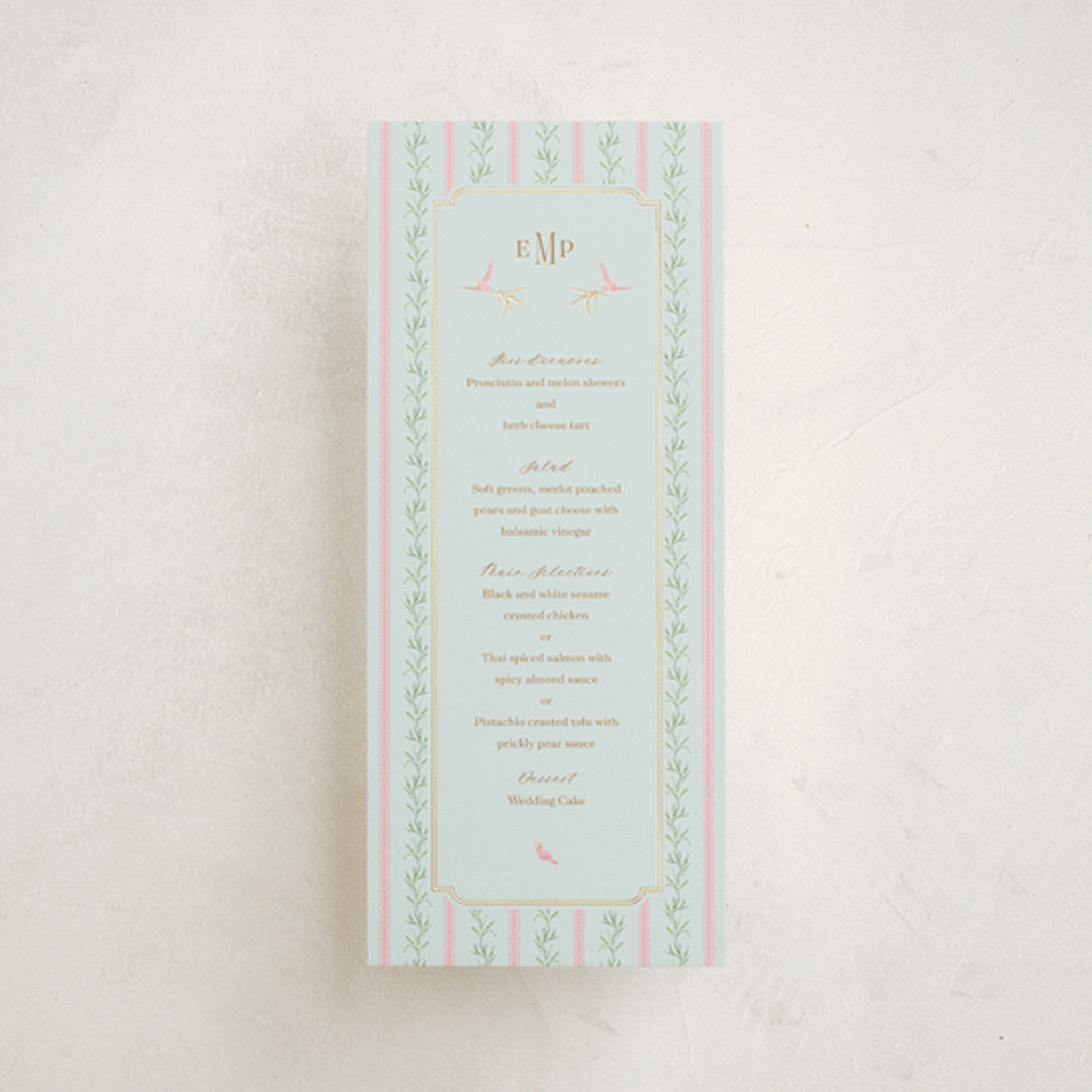 "Castle" - Foil-Pressed Menus in Hummingbird by Claudia Orengo - Front