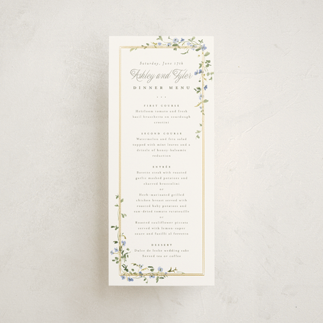 "Flowering Vine" - Foil-Pressed Menus in Bluebell by Everett Paper Goods - Front