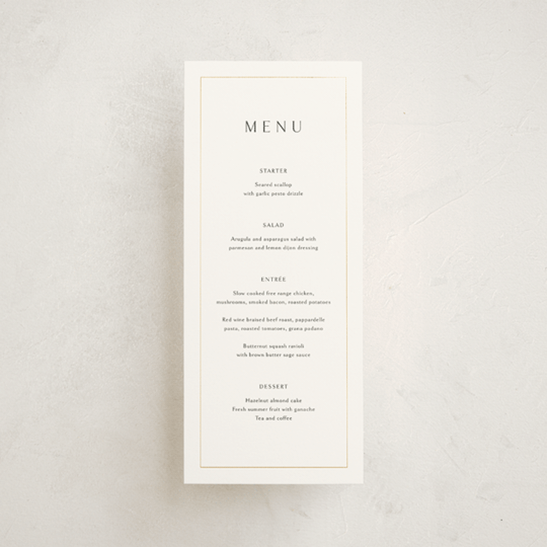 "Arcadia" - Foil-Pressed Menus in Silk by Kelly Schmidt - Front