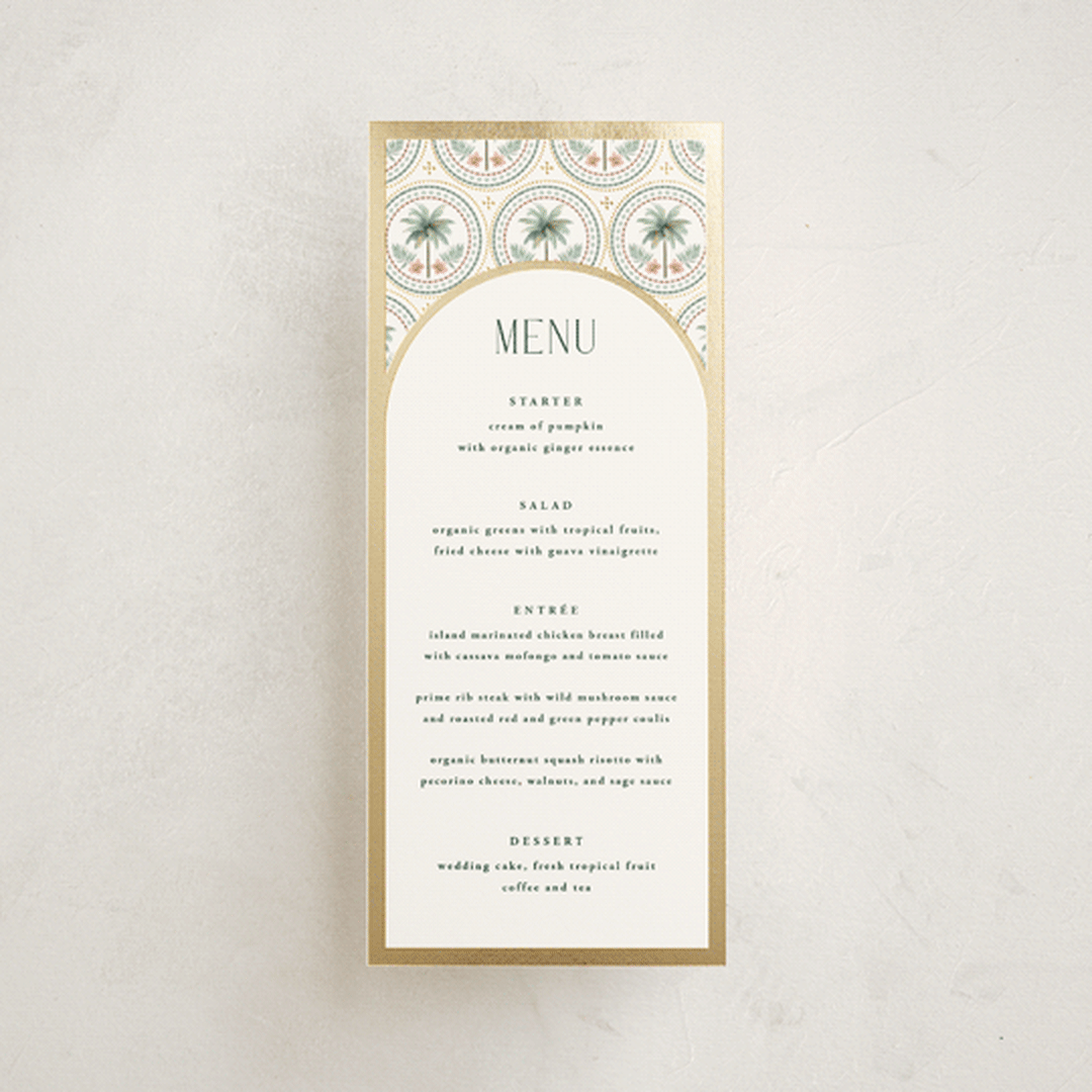 "Vintage Palms" - Foil-Pressed Menus in Sand by Maria Alou - Front