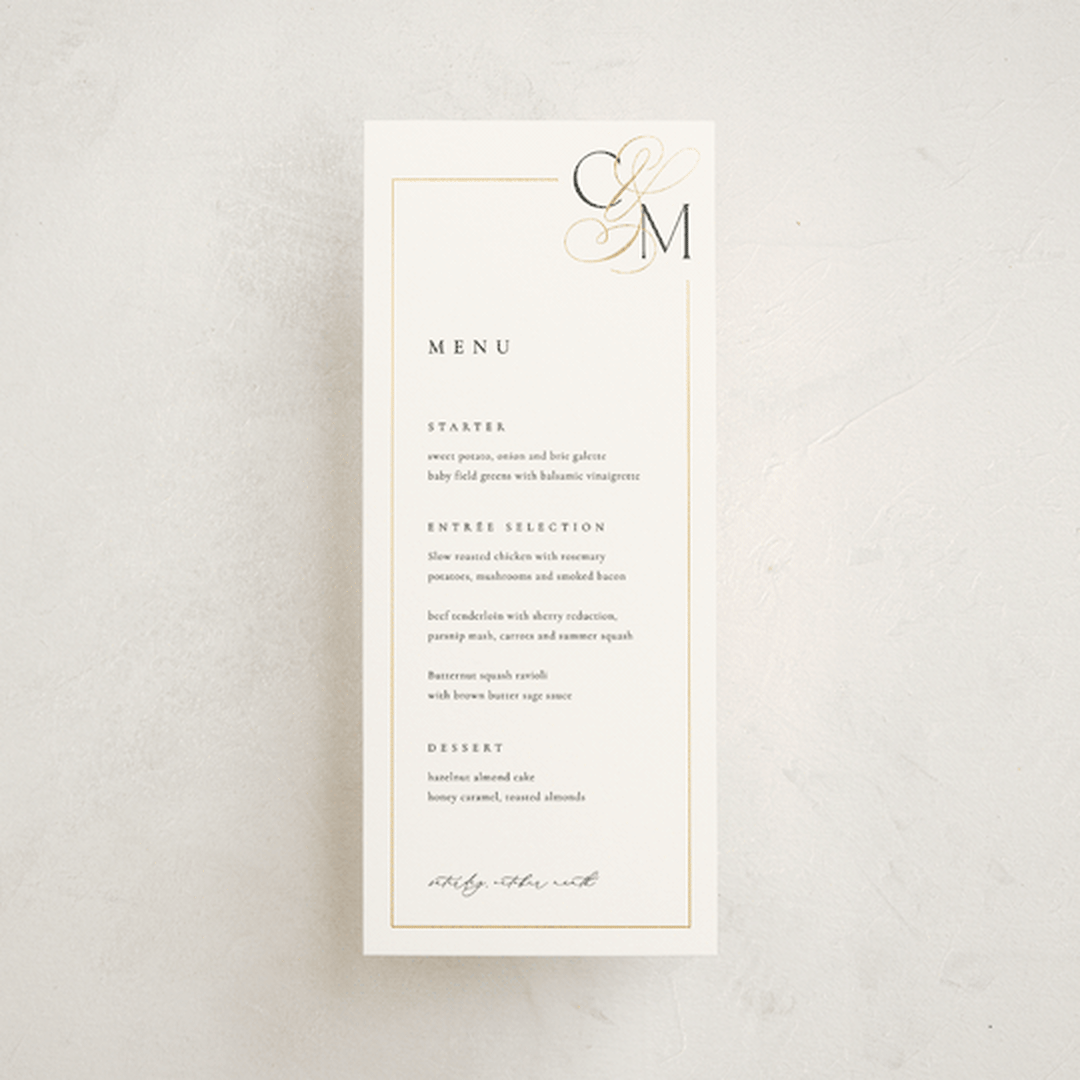 "Golden Ampersand" - Foil-Pressed Menus in Silk by Kelly Schmidt - Front