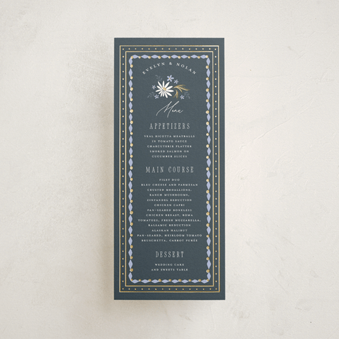 "Sadie" - Foil-Pressed Menus in Periwinkle by Erin German - Front