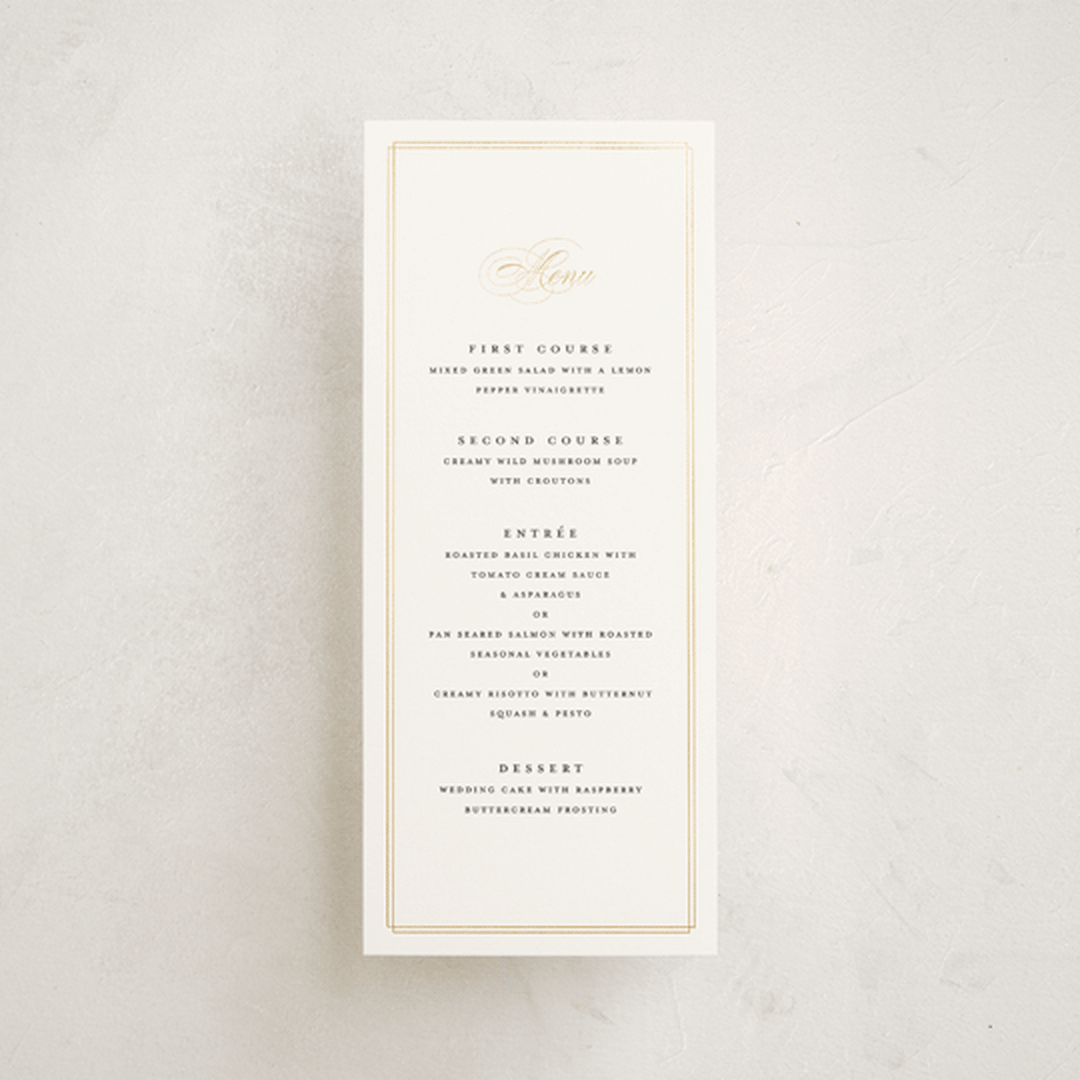 "Timeless" - Foil-Pressed Menus in Linen by Erica Krystek - Front