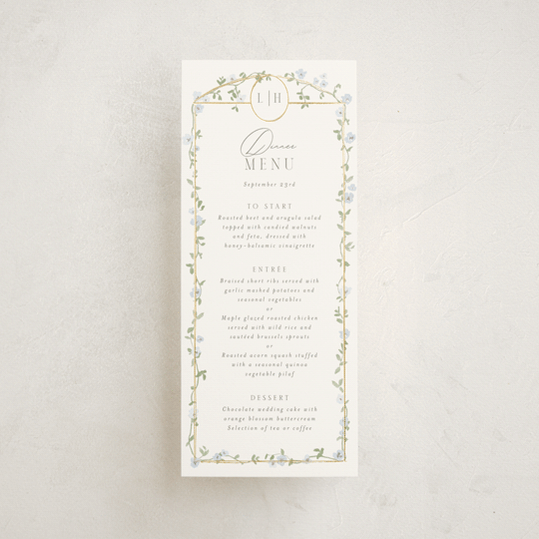 "Portico" - Foil-Pressed Menus in Blue Bell by Everett Paper Goods - Front