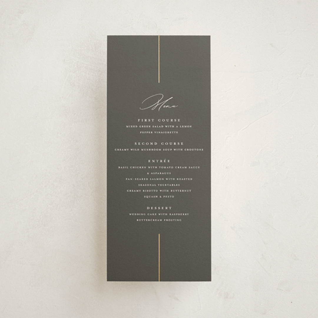 "Formal lines" - Foil-Pressed Menus in Iron by Erica Krystek - Front
