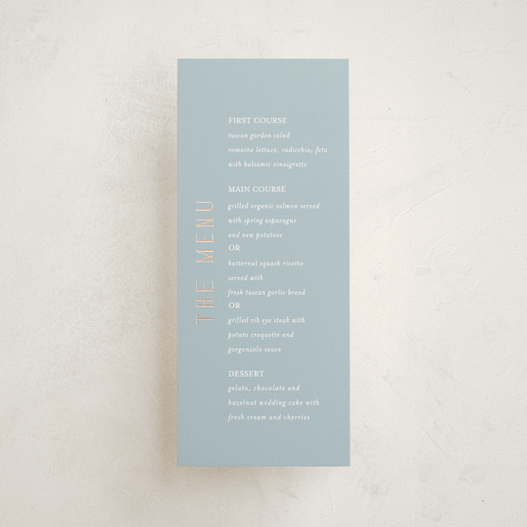 "Gilded Edge" - Foil-Pressed Menus in Provincial by Angela Thompson - Front