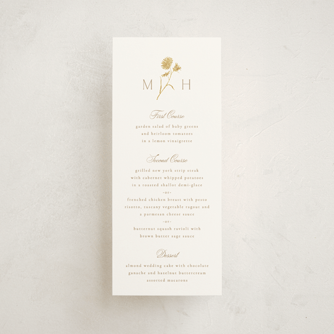 "The Romantic" - Foil-Pressed Menus in Buttercream by Kristie Kern - Front
