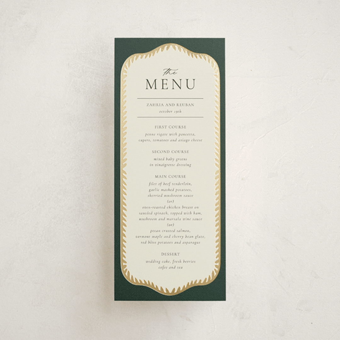 "Frame" - Foil-Pressed Menus in Emerald by Jen Owens - Front