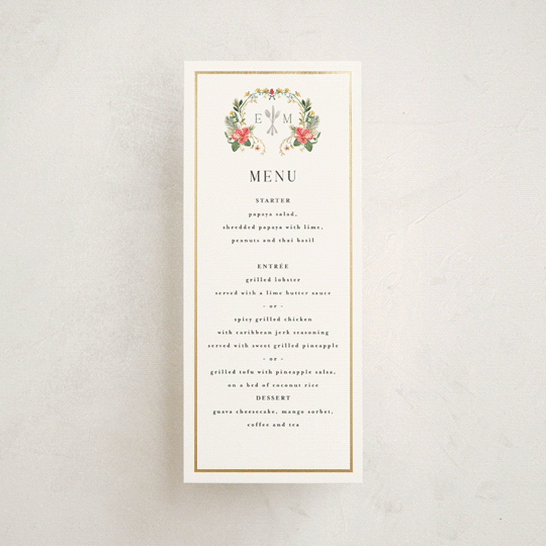 "Tropica" - Foil-Pressed Menus in Papaya by Susan Moyal - Front