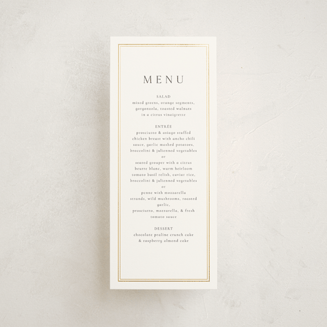 "Lustre" - Foil-Pressed Menus in Cloud by Nicole Walsh - Front