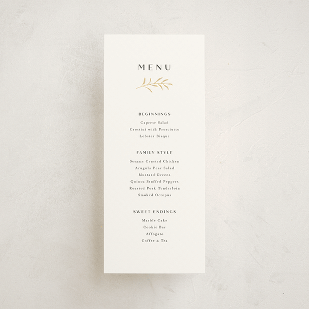 "Petite Sprig" - Foil-Pressed Menus in Black Dahlia by Olivia Raufman - Front