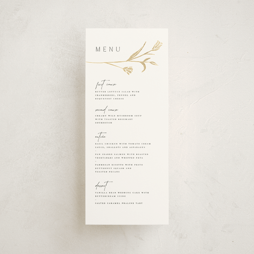 "Perennial" - Foil-Pressed Menus in Cotton by Amy Kross - Front