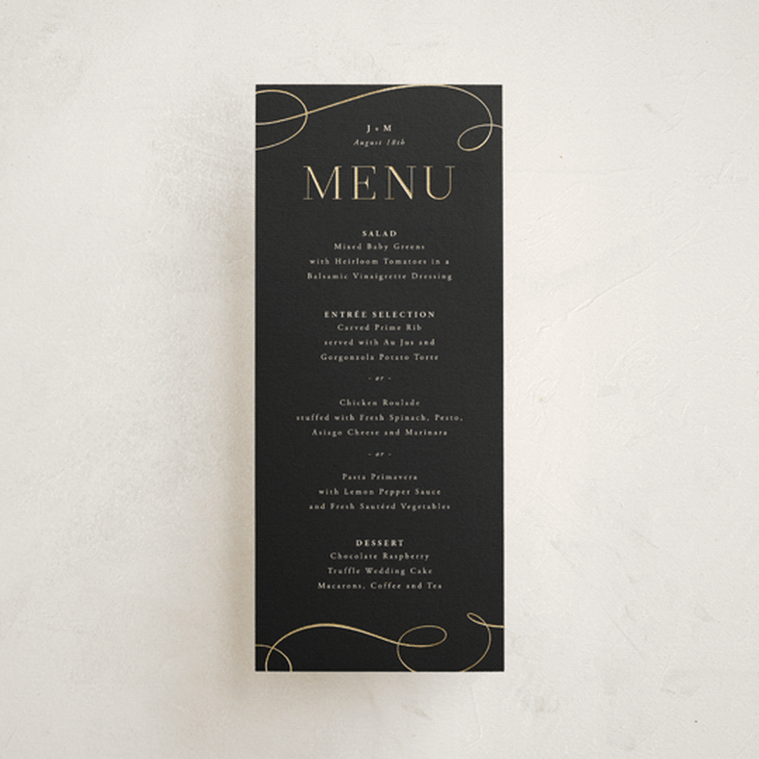 "Black Tie Affair" - Foil-Pressed Menus in Onyx by Hooray Creative - Front