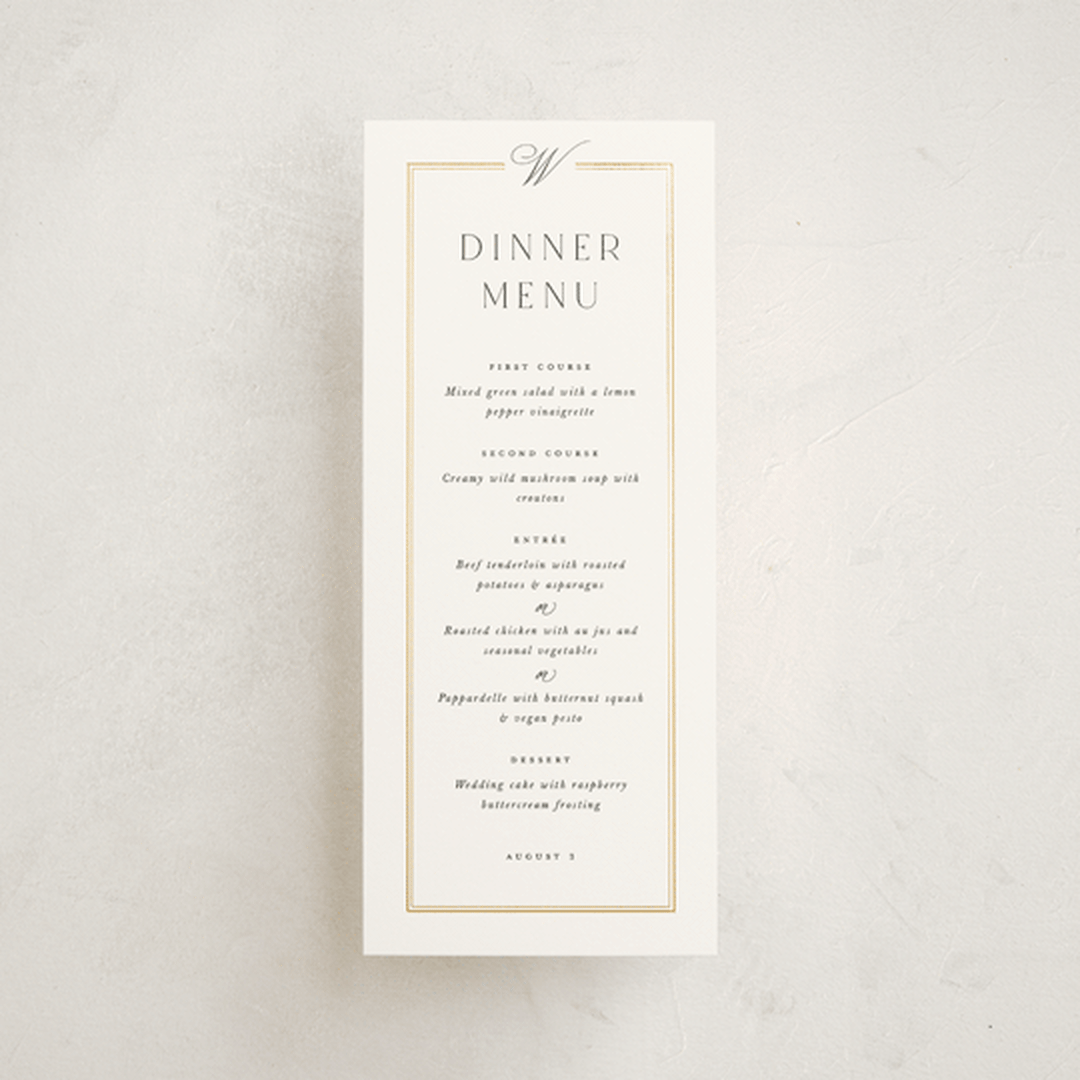 "Elegant Type" - Foil-Pressed Menus in Pearl by Leah Bisch - Front