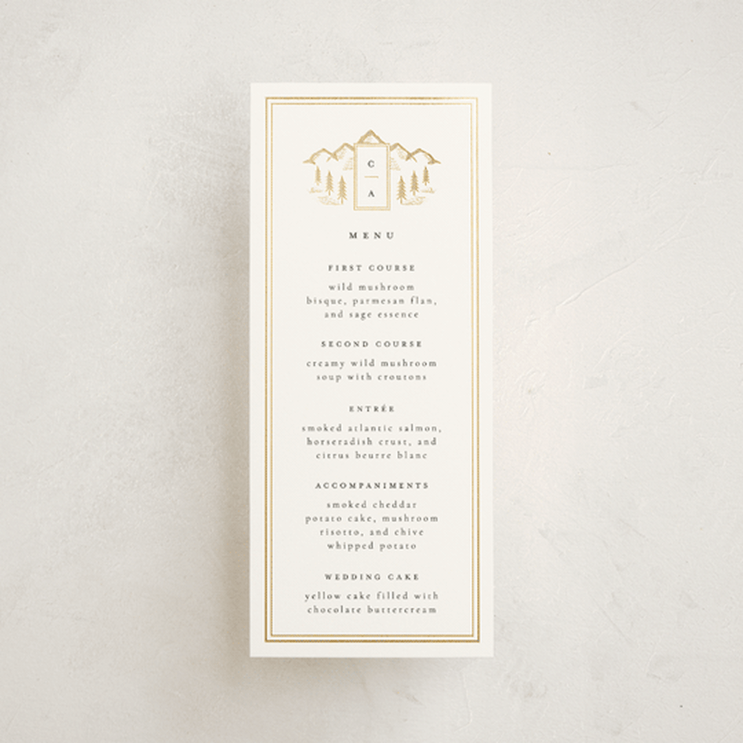 "Summit Serenity" - Foil-Pressed Menus in Quartz by Ana de Sousa - Front