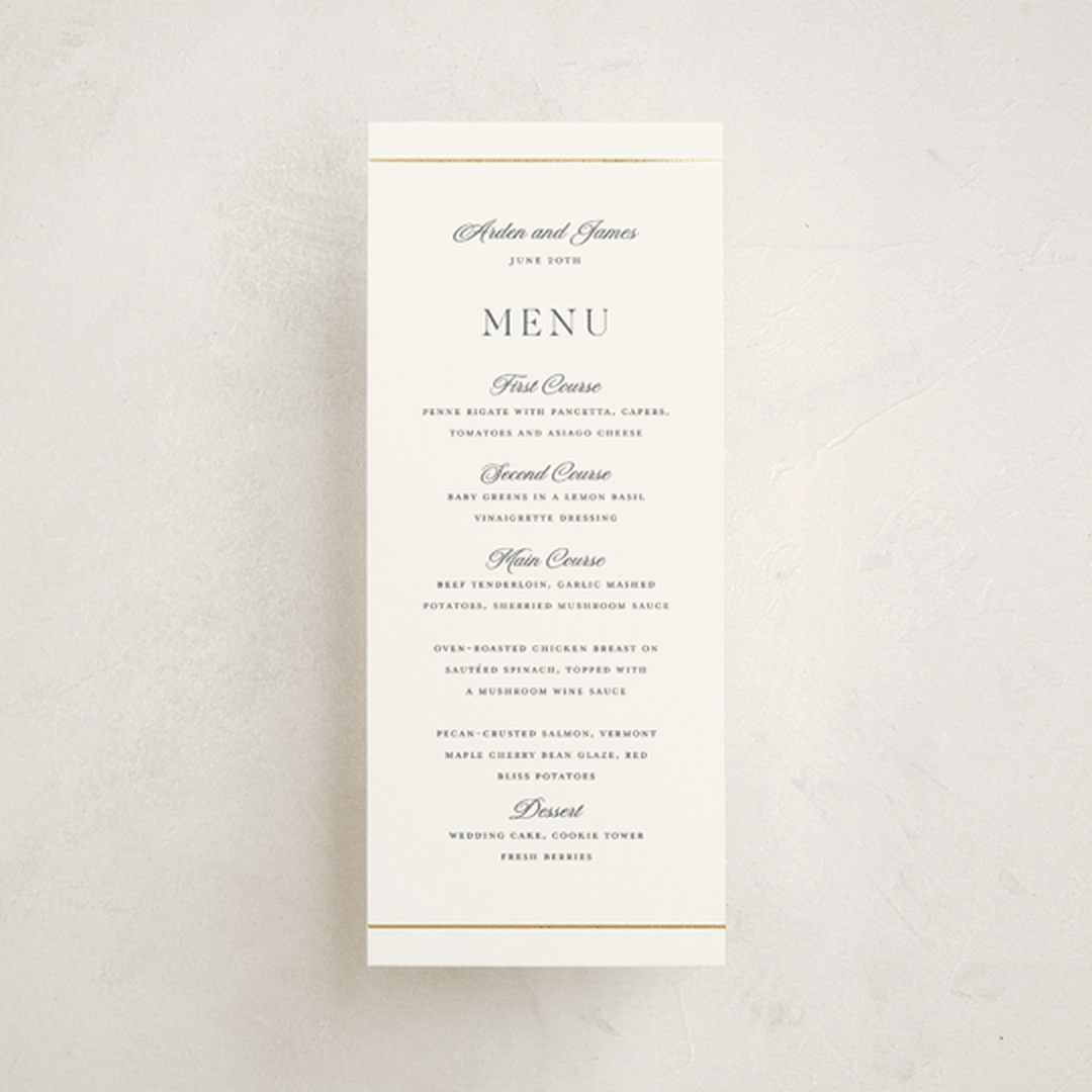 "Opulence" - Foil-Pressed Menus in Pearl by Stacey Meacham - Front
