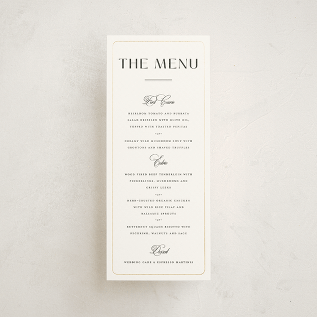 "Loren" - Foil-Pressed Menus in Cotton by Christie Garcia - Front