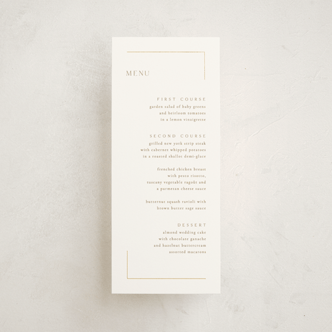 "The Gallery" - Foil-Pressed Menus in Quartz by Kristie Kern - Front