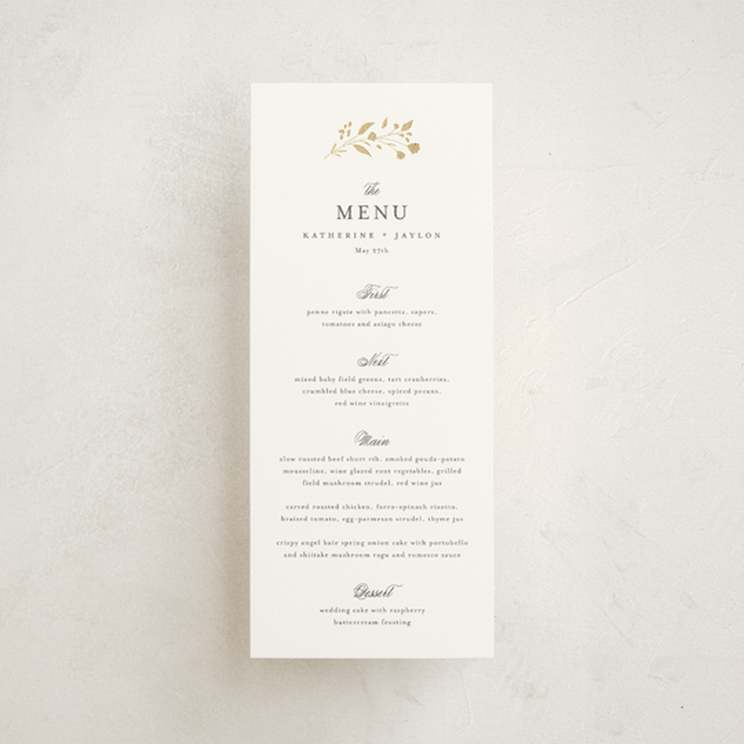 "Embrace" - Foil-Pressed Menus in Cloudy by Jennifer Postorino - Front