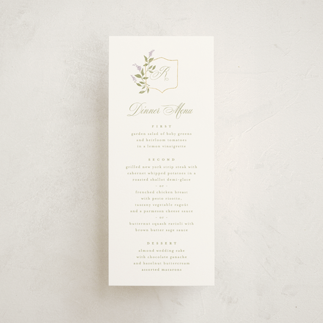 "Marmont" - Foil-Pressed Menus in Lilac by Kristie Kern - Front