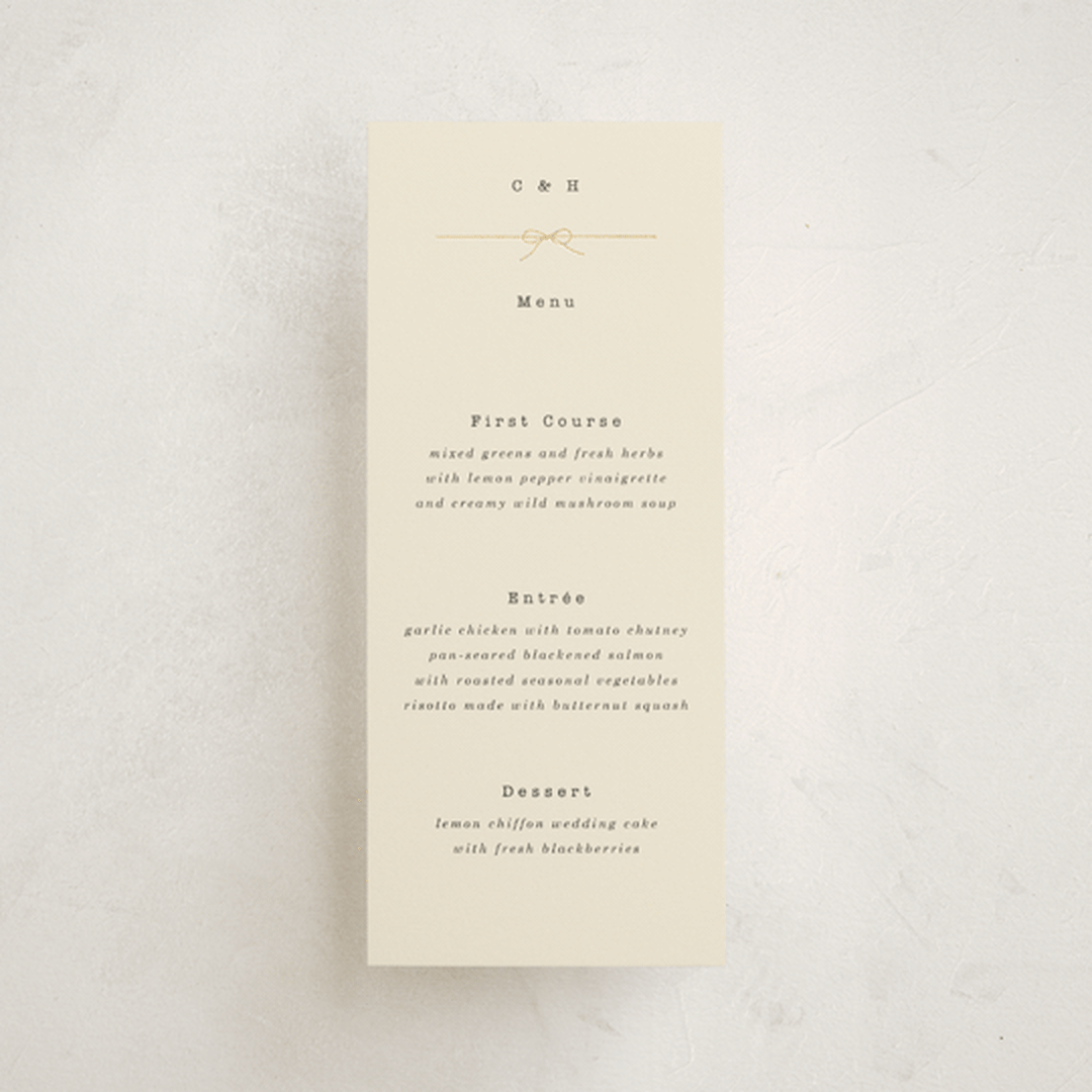 "Bow Tie" - Foil-Pressed Menus in Ivory by Baumbirdy - Front