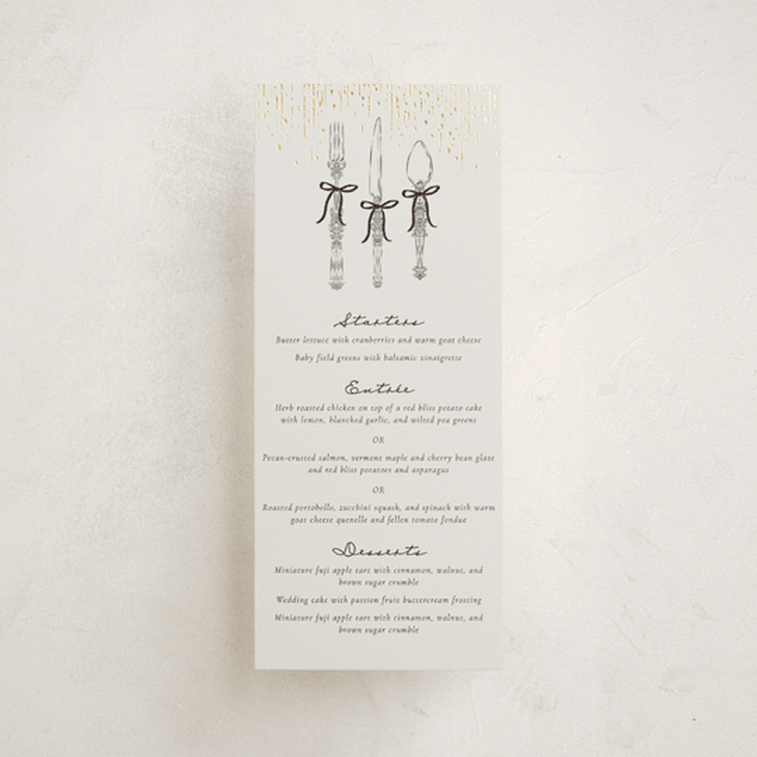 "Hand Illustrated Whimsical Chandelier" - Foil-Pressed Menus in Noir by Jackie Crawford - Front