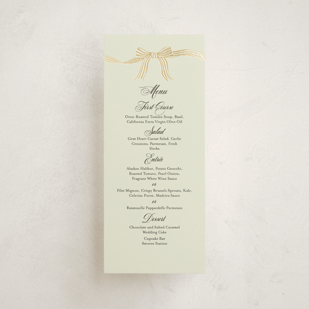 "All Tied Up" - Foil-Pressed Menus in Champagne by Chris Griffith - Front