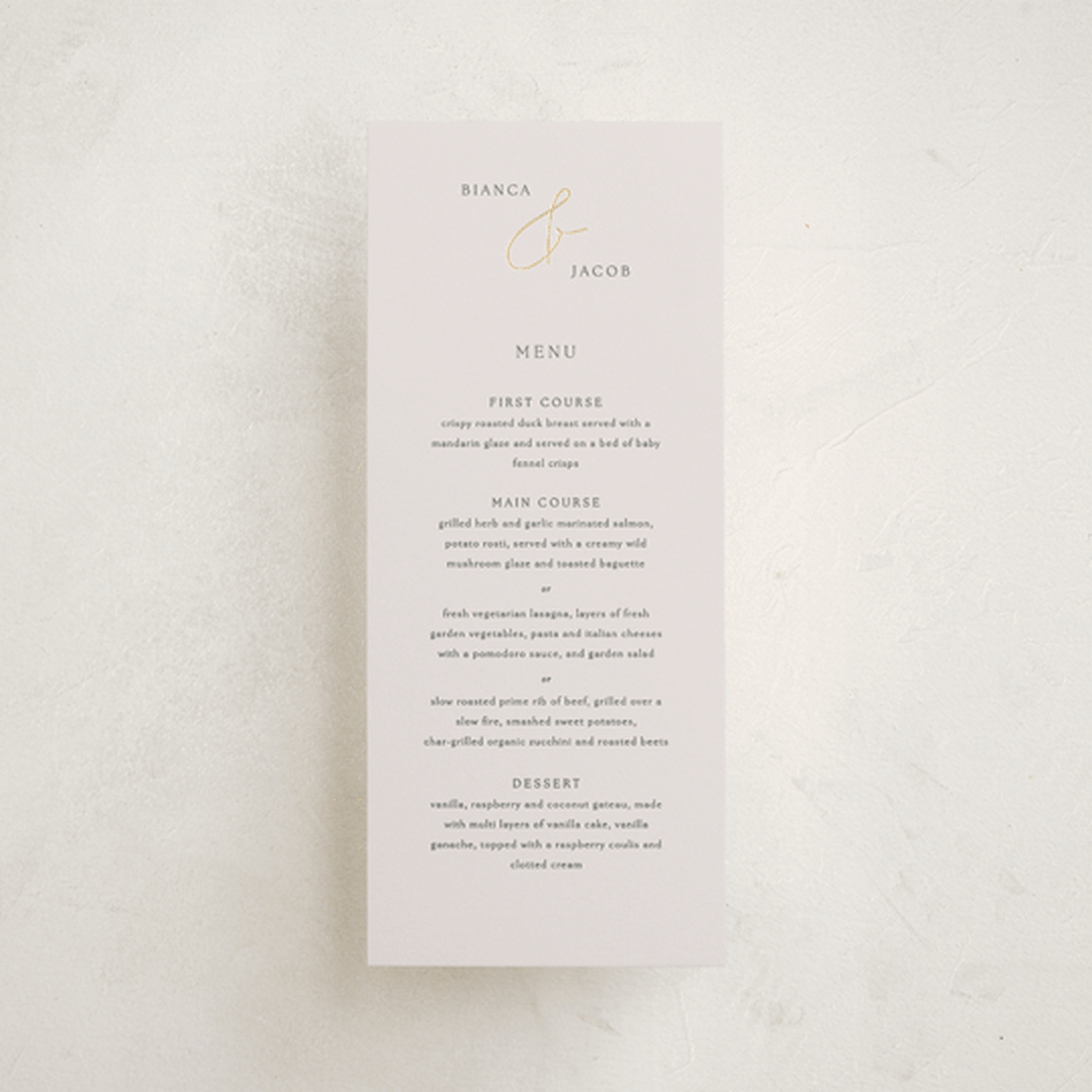 "Eloquent" - Foil-Pressed Menus in Ivory by Angela Thompson - Front