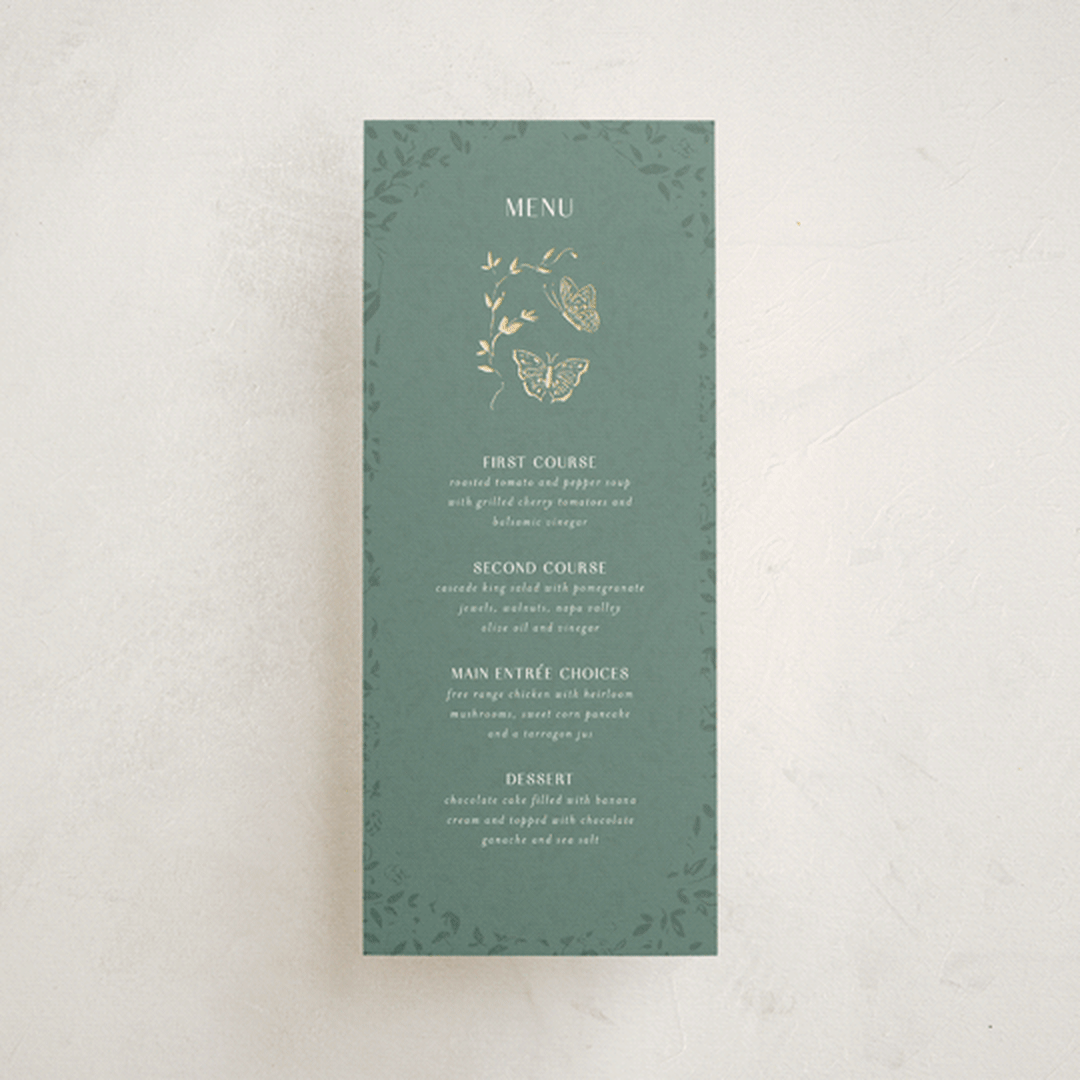 "Southern Romance" - Foil-Pressed Menus in Eucalyptus by Simona Camp - Front