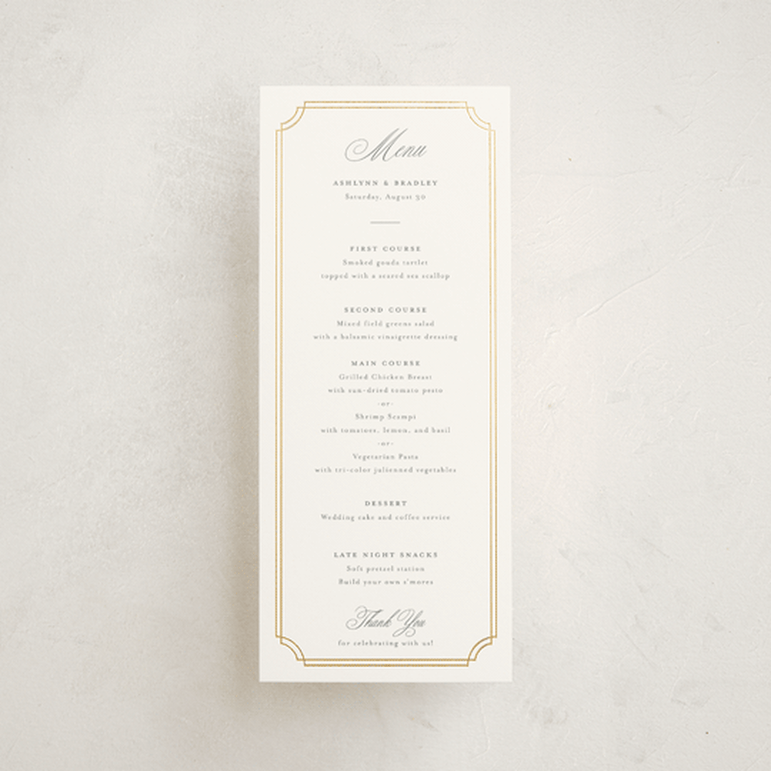 "Formally" - Foil-Pressed Menus in Mist by Sarah Brown - Front