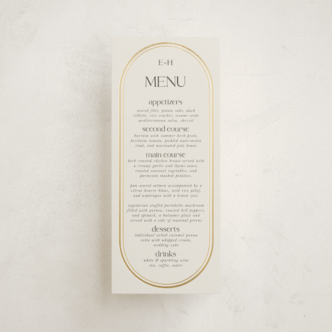 "oval" - Foil-Pressed Menus in Sandstone by Lori Wemple - Front
