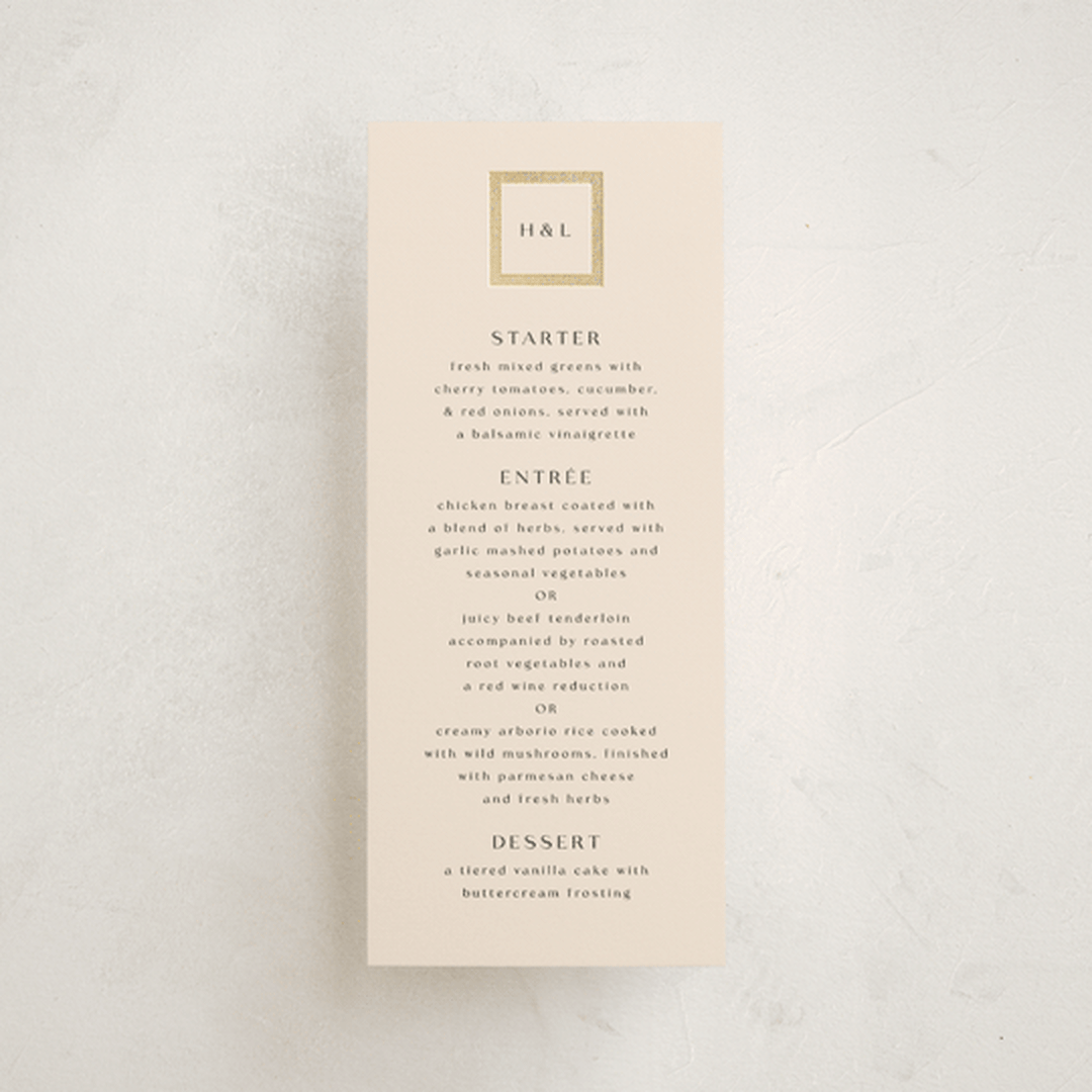 "Framed Photo" - Foil-Pressed Menus in Latte by Stacy Maalouf - Front