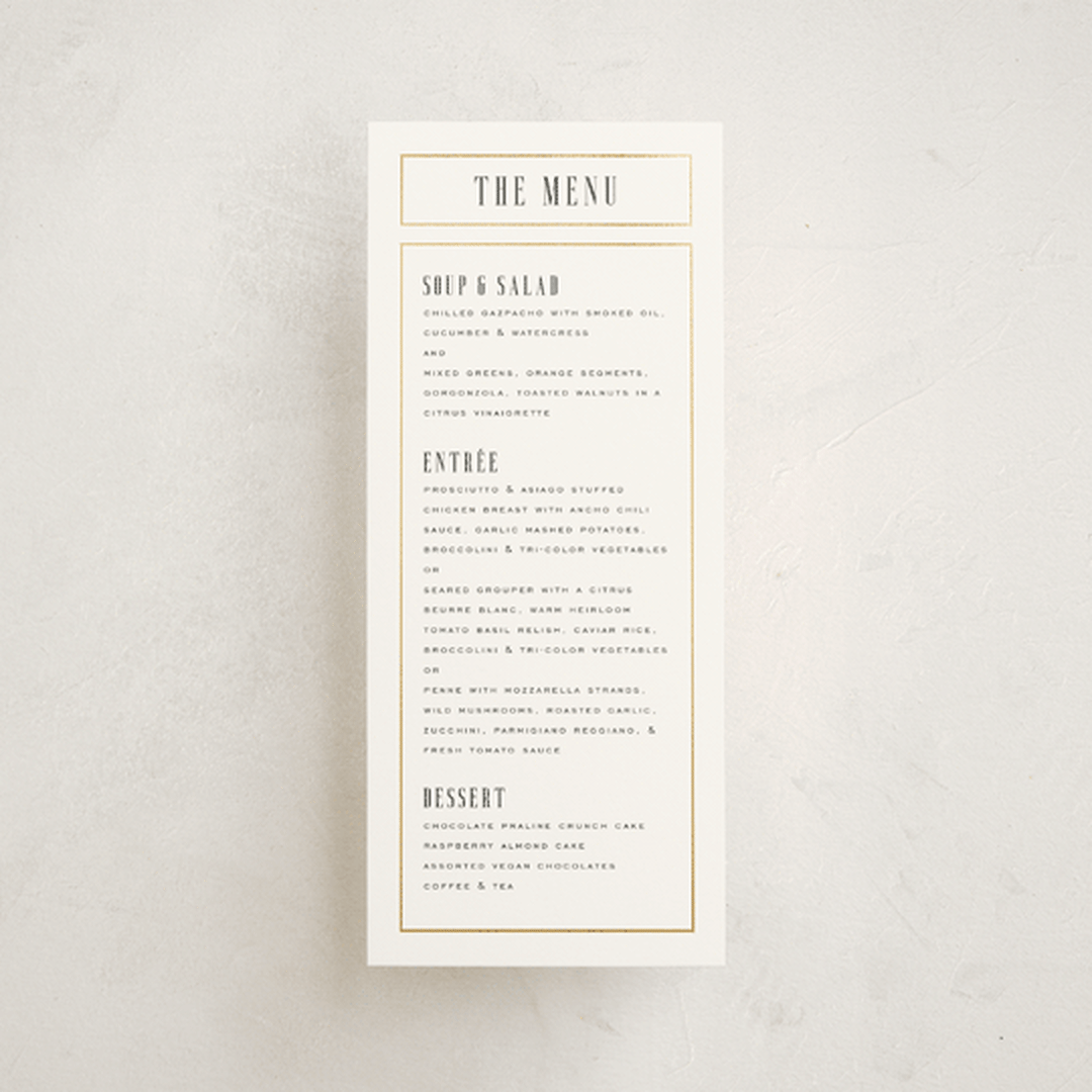 "Documentary" - Foil-Pressed Menus in Lily by Heather Schertzer - Front