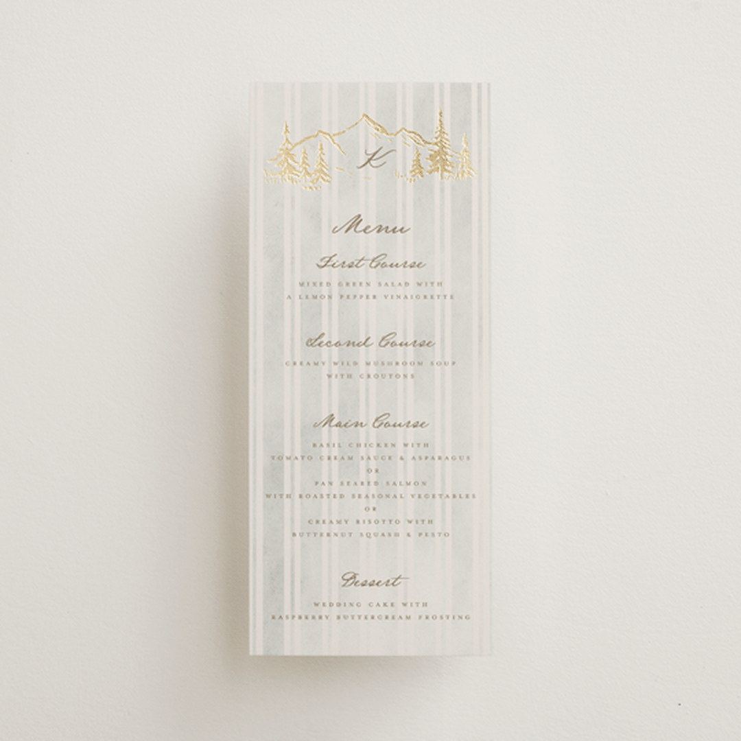 "Mountain Love" - Foil-Pressed Menus in Dew by Petra Kern - Front