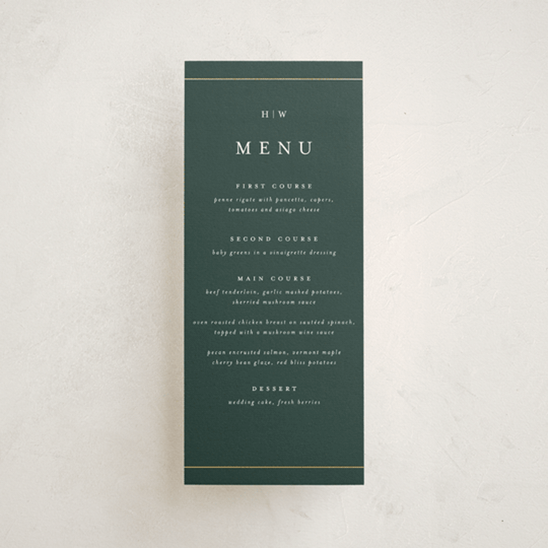 "Style and grace" - Foil-Pressed Menus in Forest by Stacey Meacham - Front