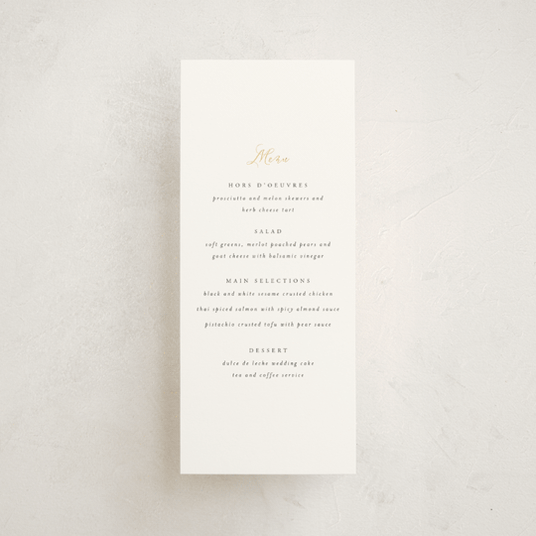 "You & Me" - Foil-Pressed Menus in Classique by Design Lotus - Front