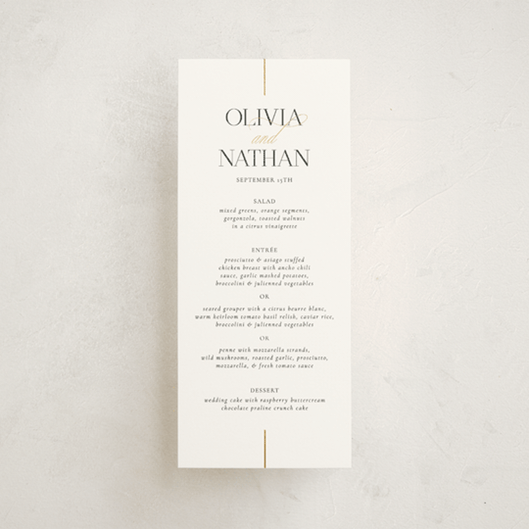 "Aligned" - Foil-Pressed Menus in Spun Sugar by Jessica Williams - Front