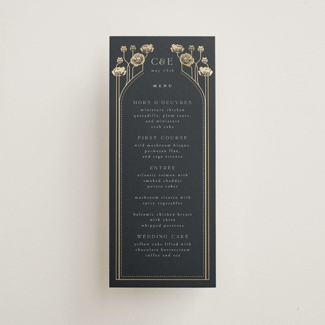 "Nouveau flowers" - Foil-Pressed Menus in Navy by Ana de Sousa - Front