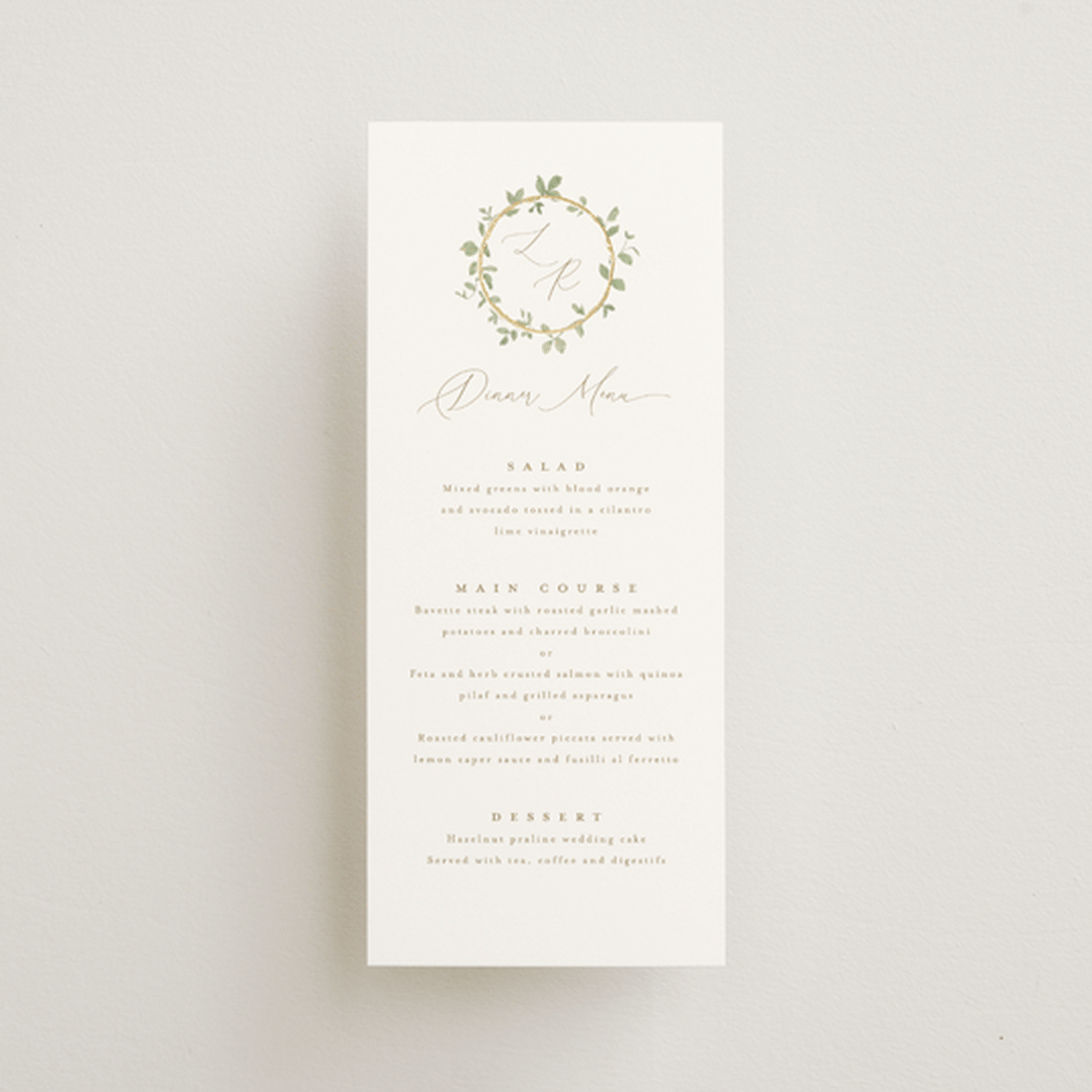 "Canopy" - Foil-Pressed Menus in Ivy by Everett Paper Goods - Front