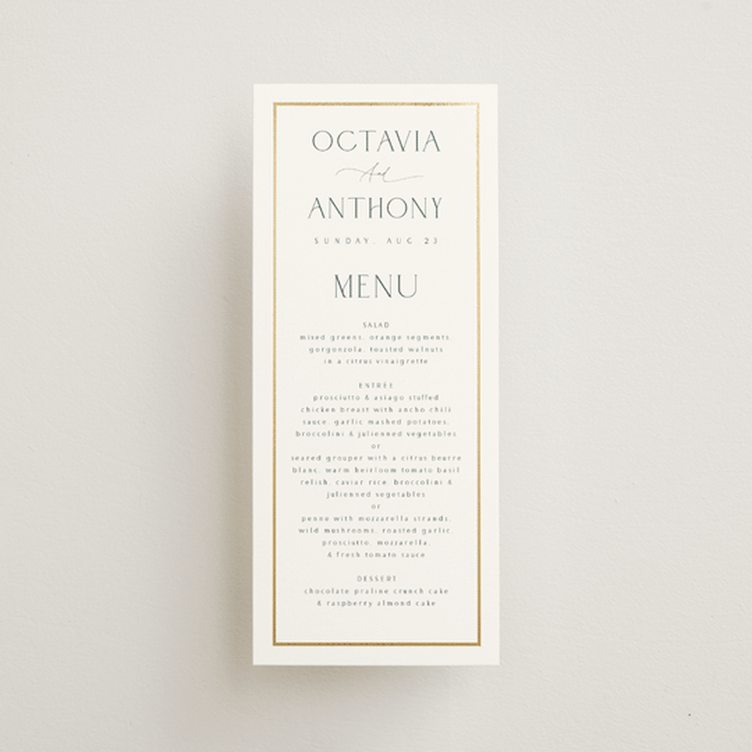 "Regal" - Foil-Pressed Menus in Porcelain by Nicole Walsh - Front